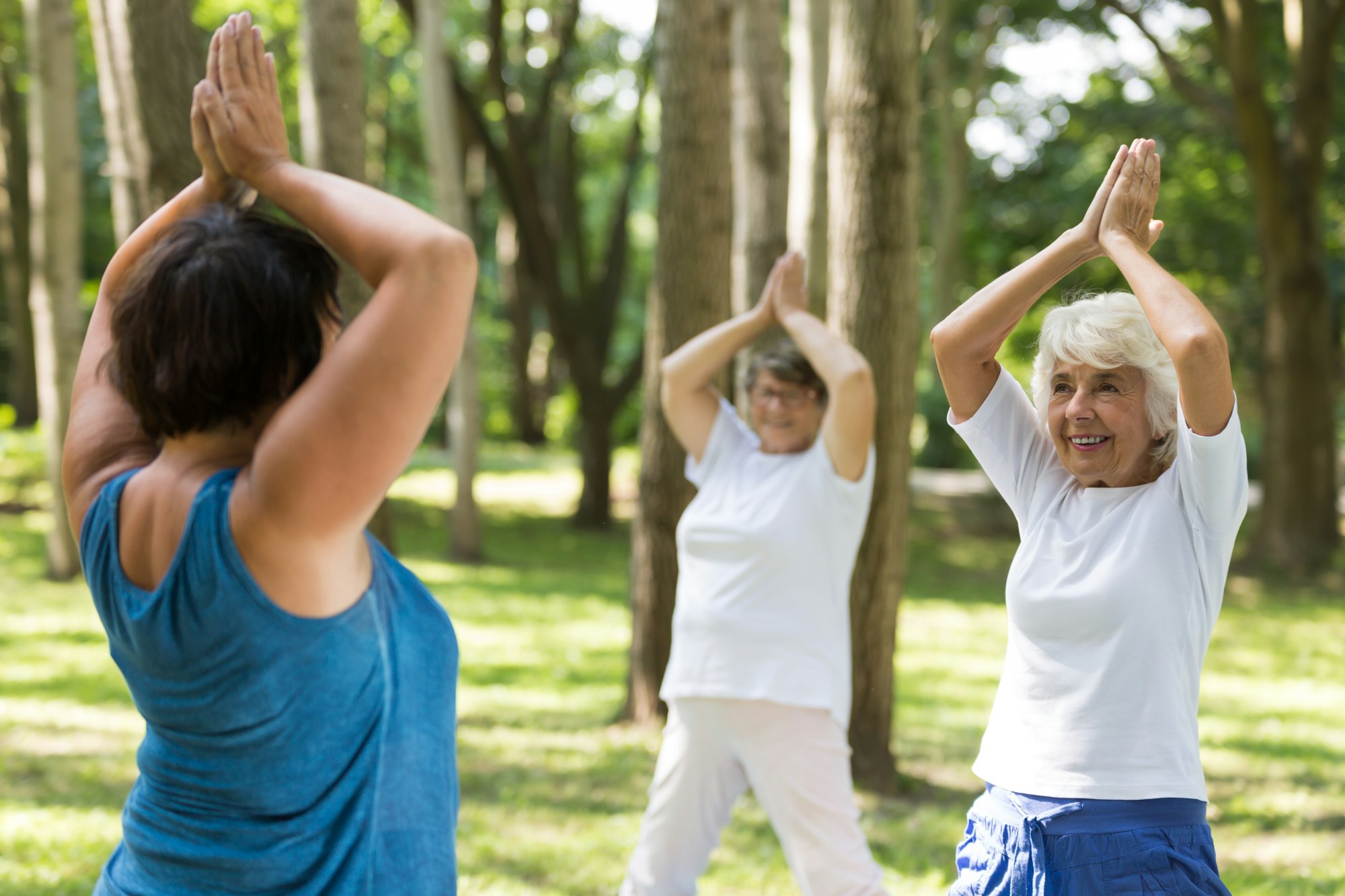 Women doing yoga in a park